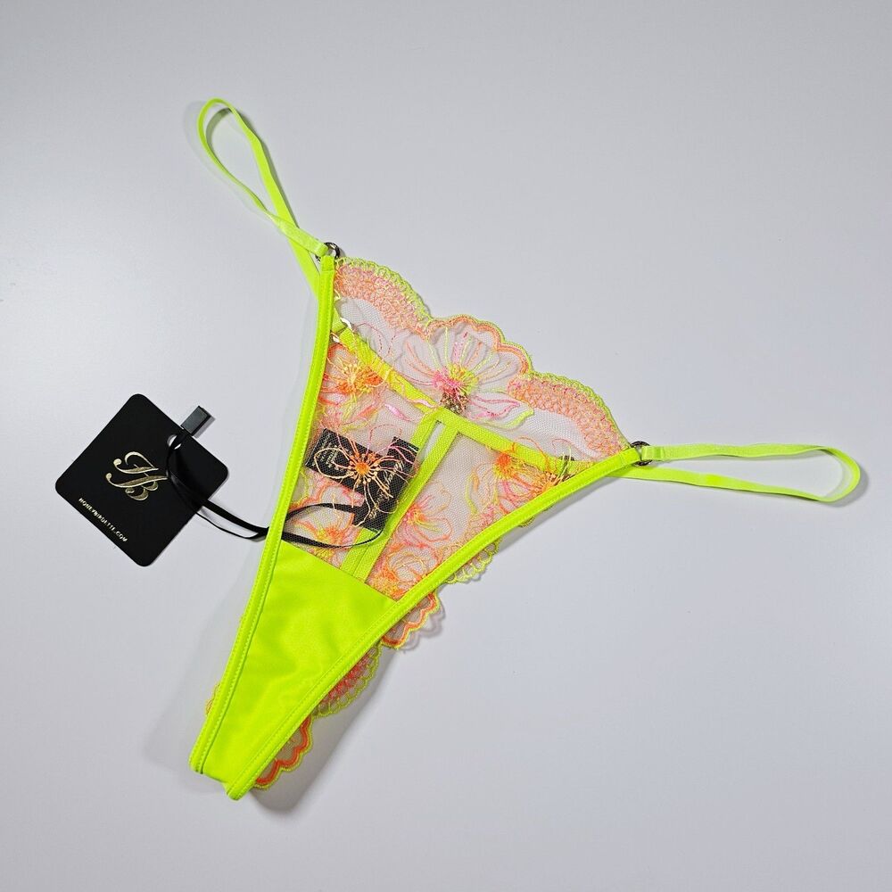 Honey Birdette Blossom Neon Lime Floral Embroidered Thong Panty Size M